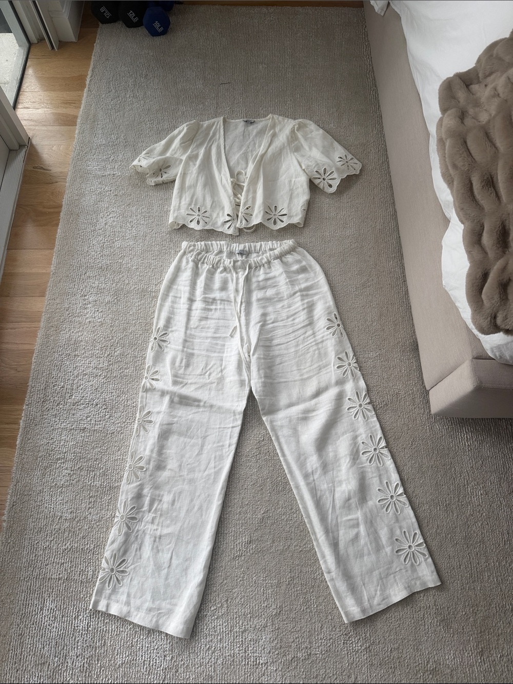 Rails White Wide-Leg Linen Pants with Floral Cutouts
